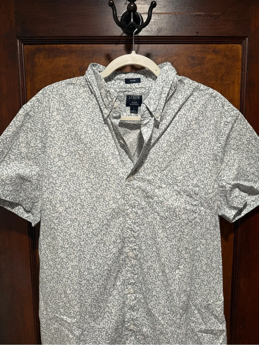 J. Crew Men’s Short-Sleeve Floral Button-Down Shirt - Light Green and White